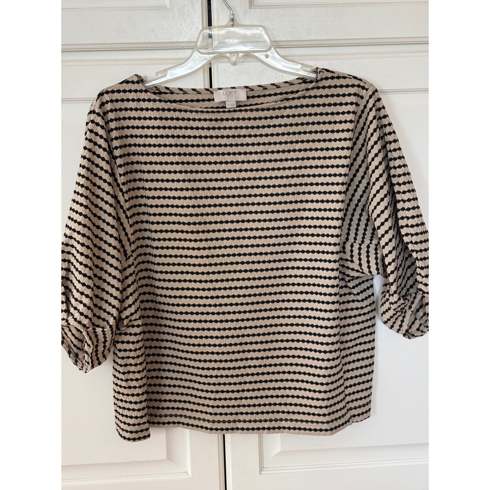 Loft Outlet Petite Tan Black Geometric Stripe Boat Neck 3/4 Sleeve Blouse LP